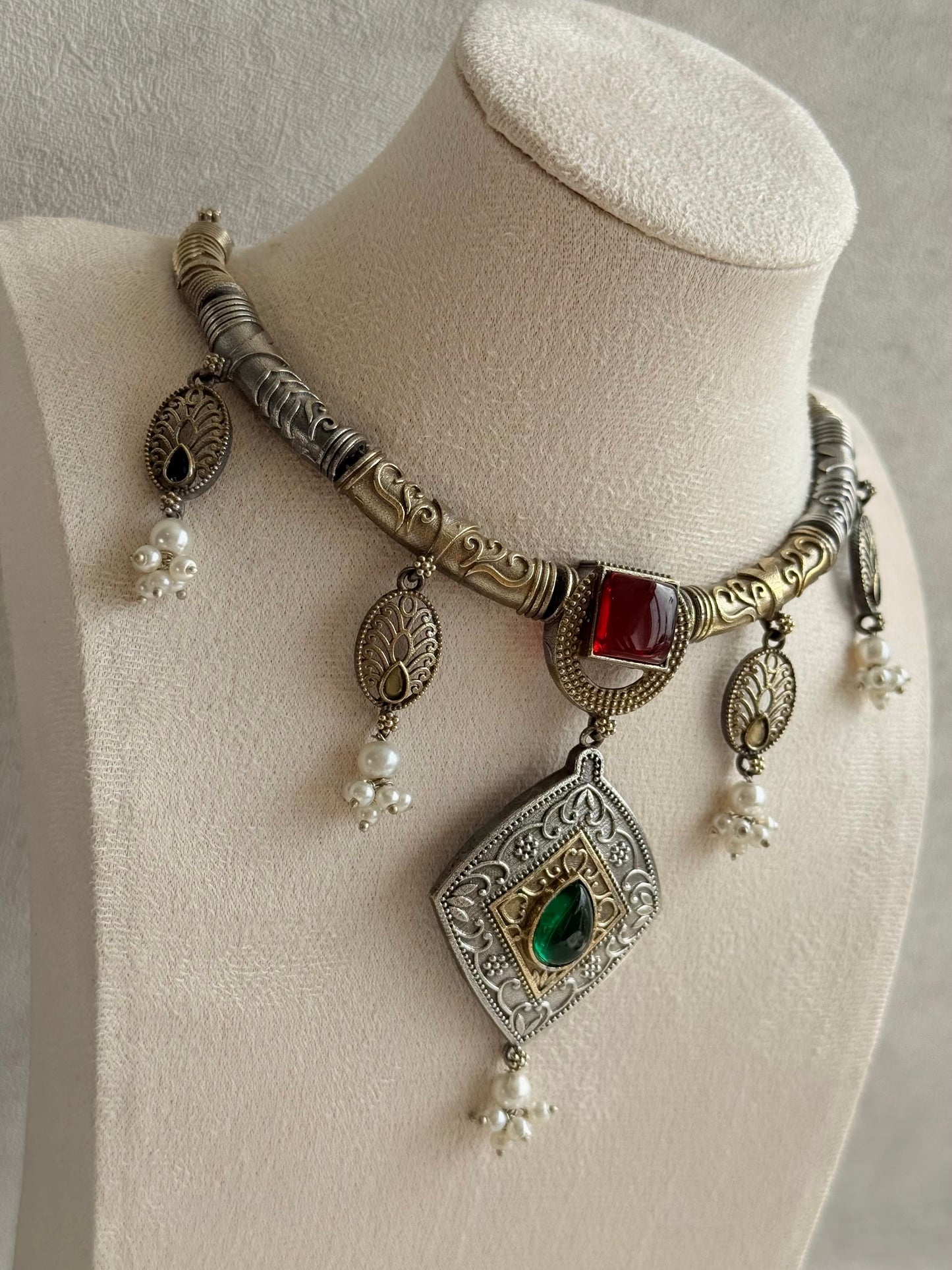 Ayura Designs Paayal Set with Earrings – Dual Tone Oxidised Necklace Set with Multicolour Stones & Pearl Clusters