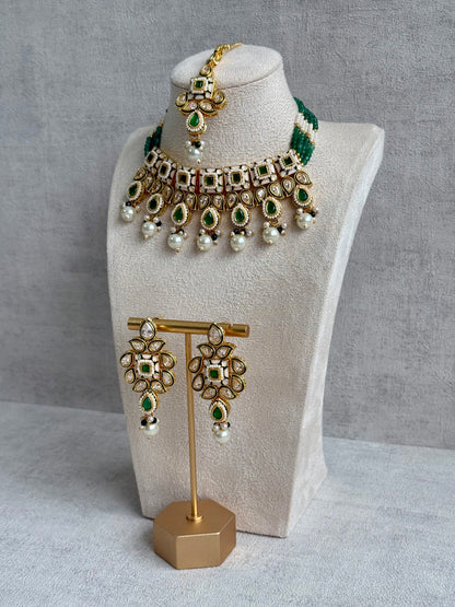 Ayura Designs Jiara Set – Necklace, Earrings & Tikka with Mirror-Cut Stones, Emerald Green & Pearl Detailing
