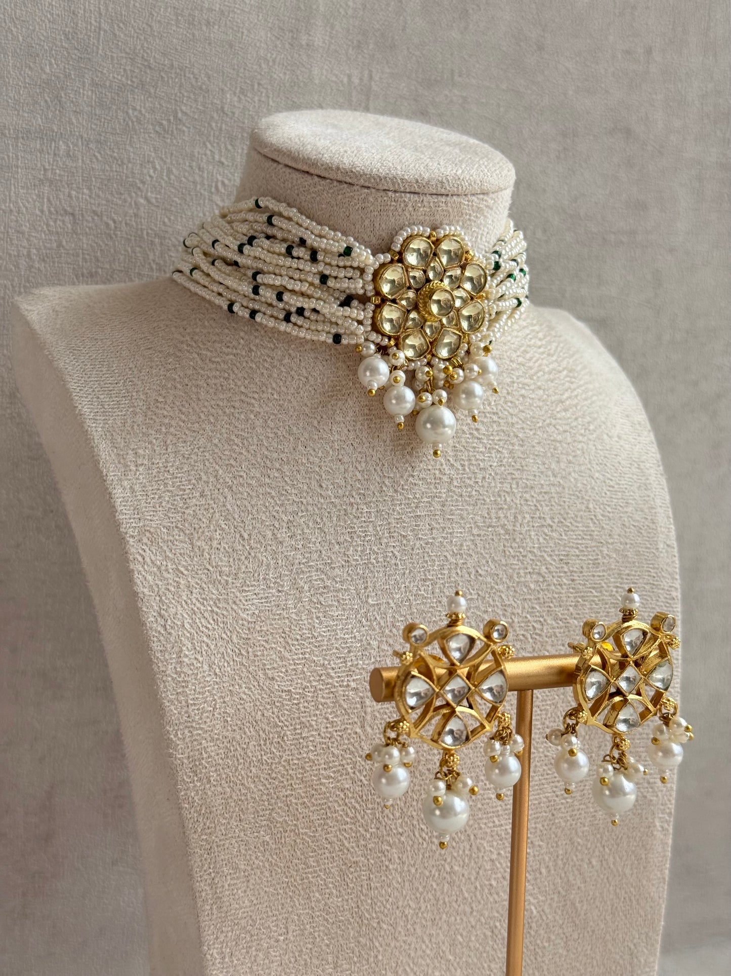 Ayura Designs Saaz Kundan Choker Set with Earrings & Pearl Multi Strand Detailing