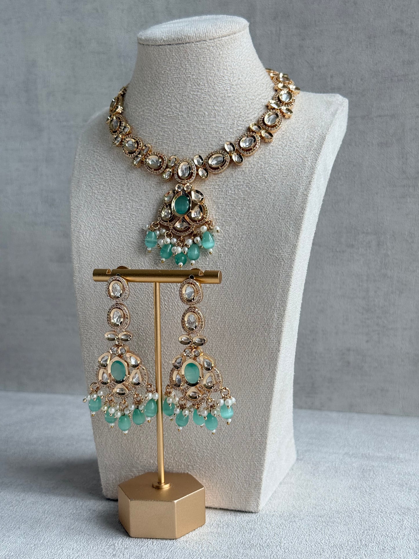 Ayura Designs Edina Necklace Set with Earrings – Kundan, Mint Green Stones & Pearl Detailing