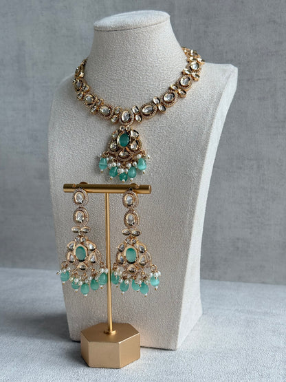 Ayura Designs Edina Necklace Set with Earrings – Kundan, Mint Green Stones & Pearl Detailing