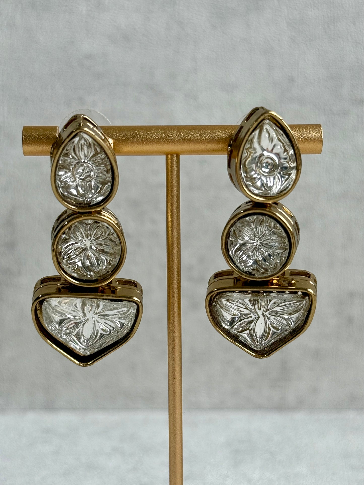 Ayura Designs Zella Earrings – Carved Crystal with Gold Frame Detailing