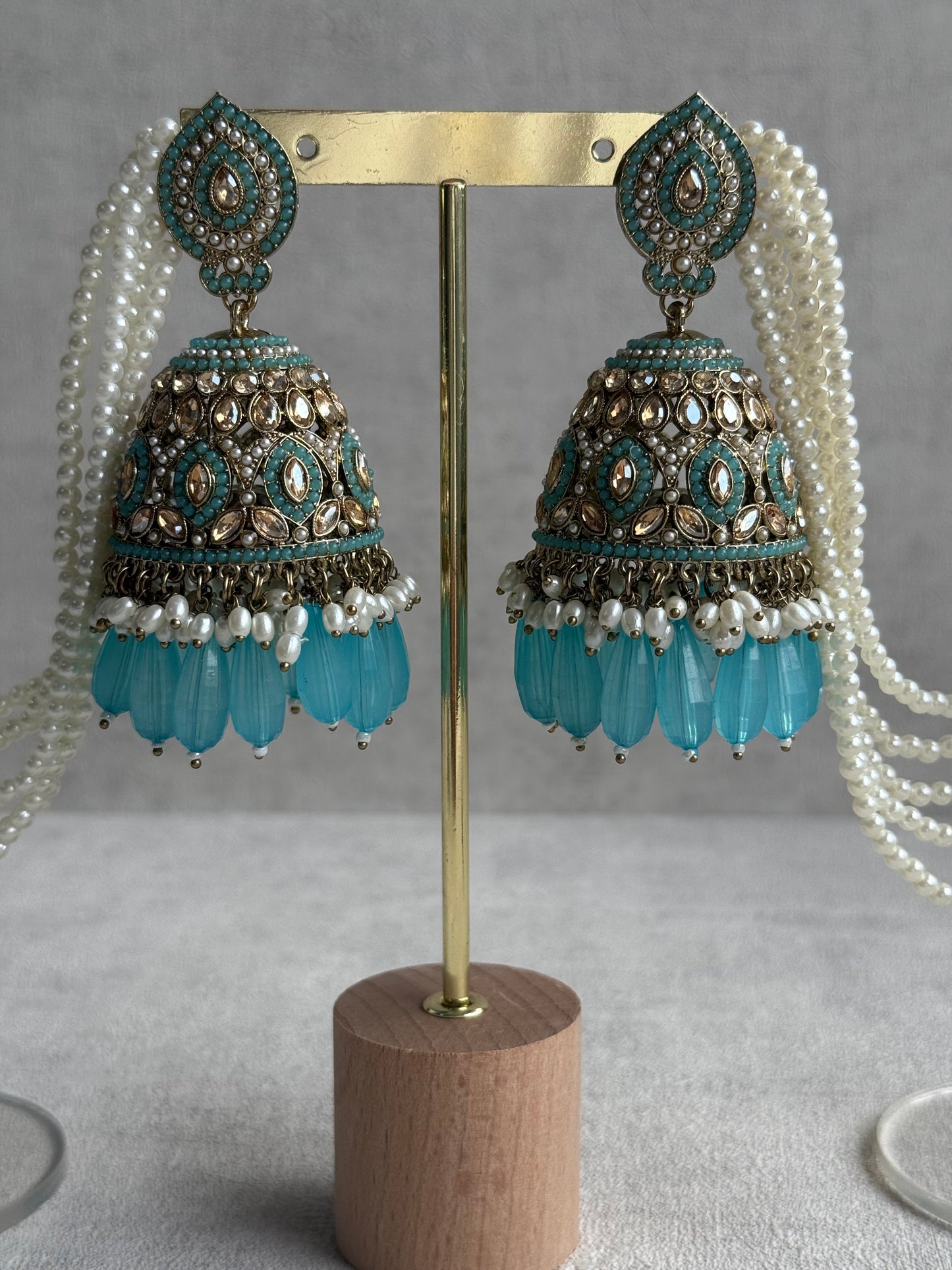 Ayura Designs Amrita Set – Jhumkis with Sahare & Tikka in Aqua Blue, Pearls and Antique Gold Finish