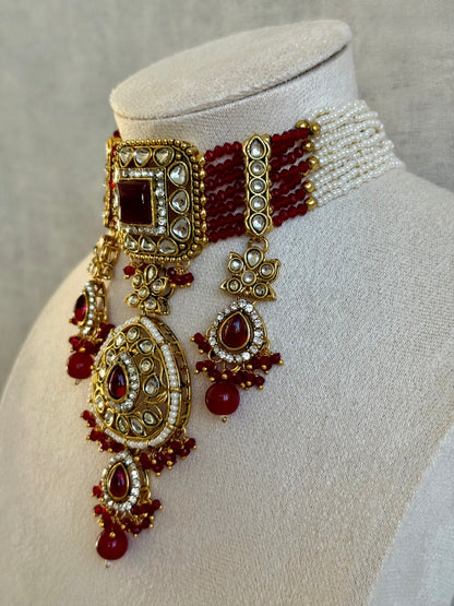 Ayura Designs Zarmeen Choker Set with Earrings & Tikka – Mirror-Cut Stones, Antique Gold Finish and Ruby Red Beads