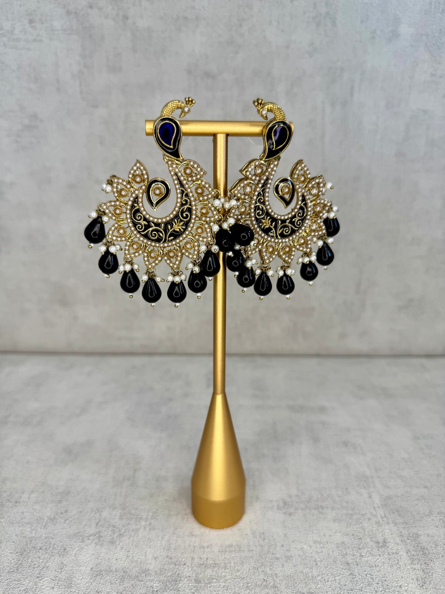 Ayura Designs Moorni Earrings – Peacock-Inspired Chandbalis with Navy Blue Meenakari, Kundan, and Pearl Accents