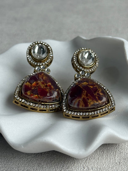 Ayura Designs Florence Earrings – mirror cut studs with Burnt Crimson Marble Resin & Crystal Borders