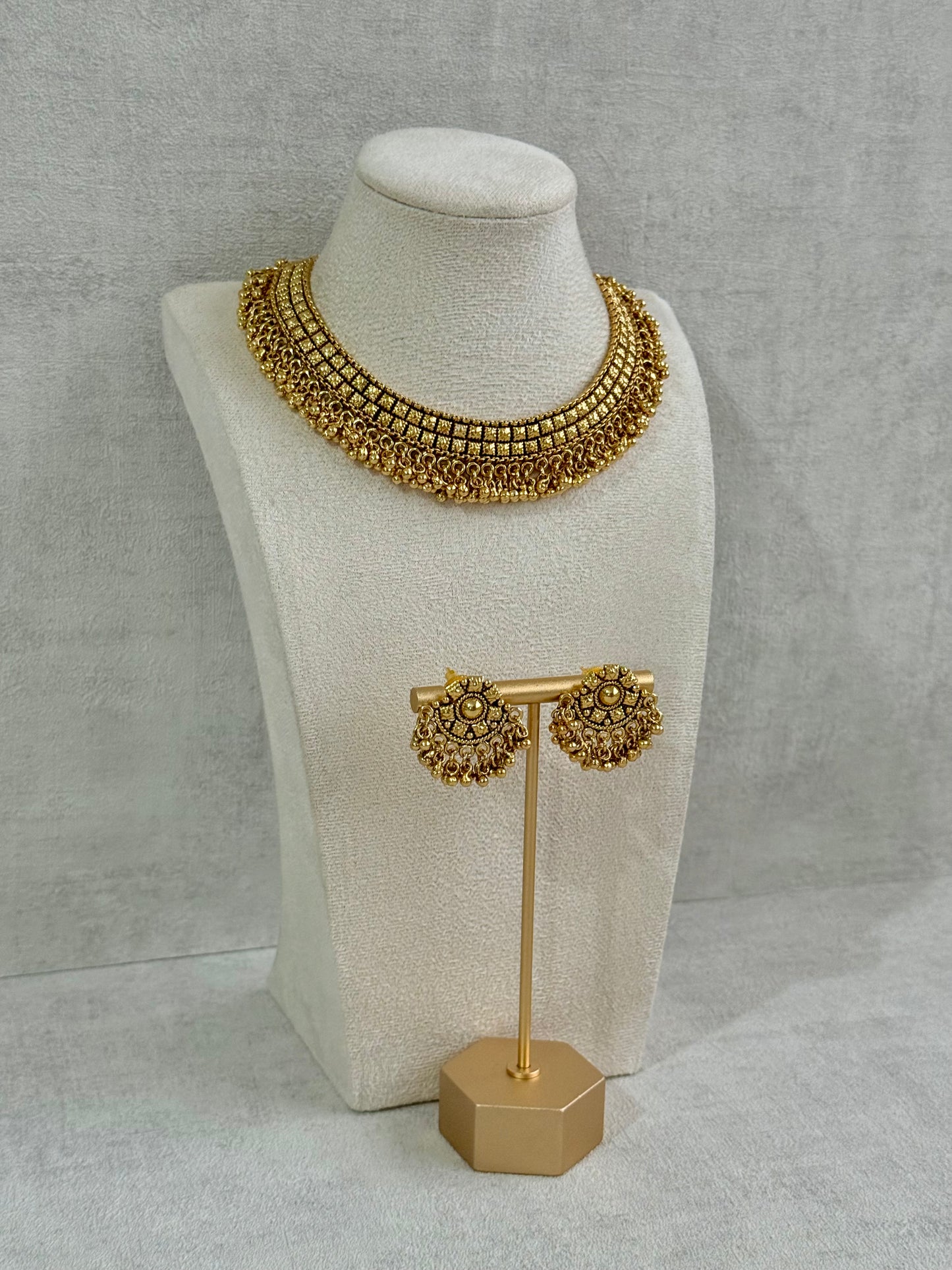 Ayura Designs Ranya Set – Antique Gold Necklace with Stud Earrings & Ghungroo Detailing