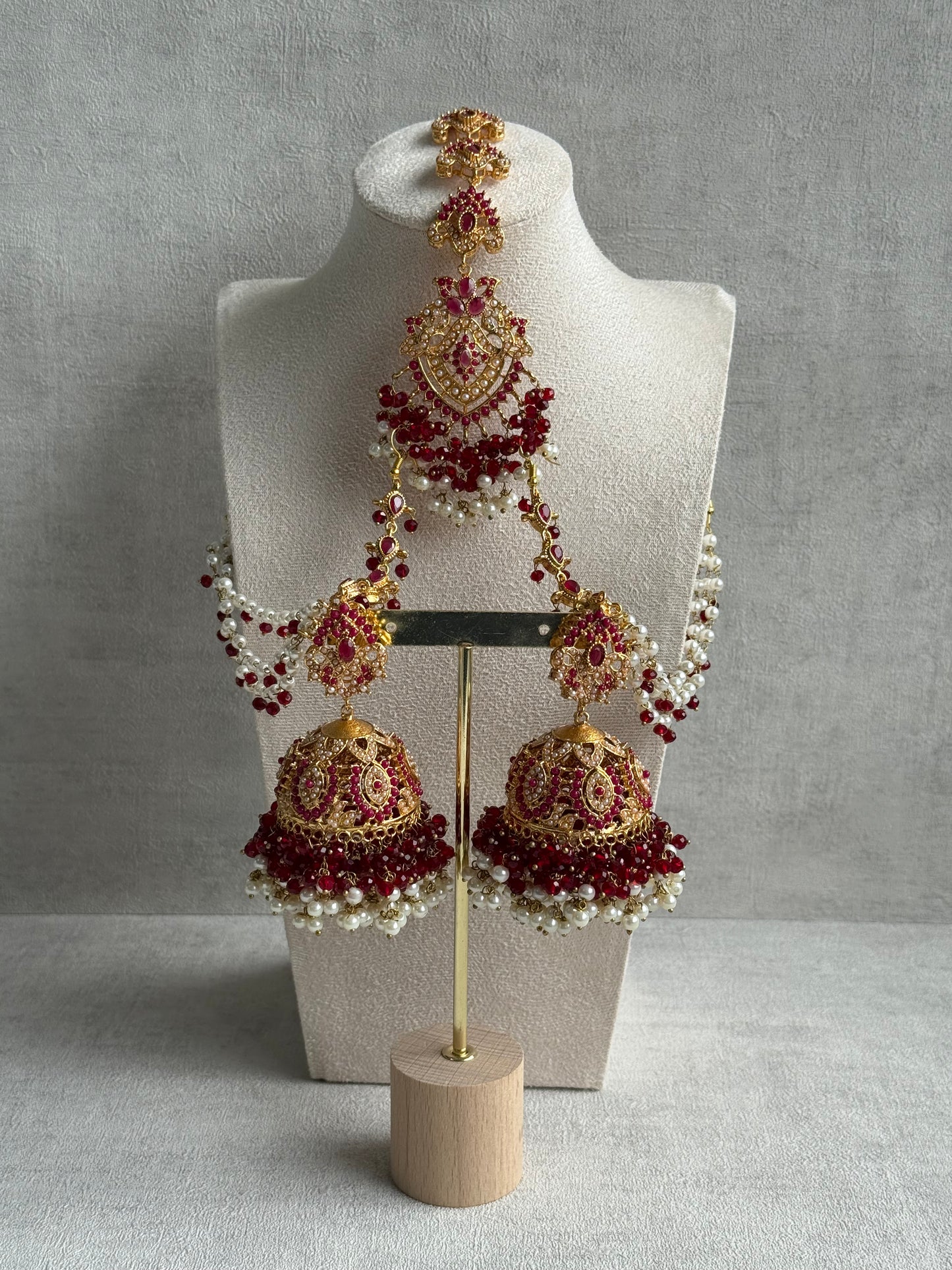 Ayura Designs Safia Tikka Set with Sahare Earrings – Ruby Red Beads & Pearls