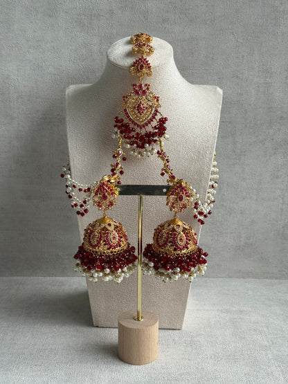 Ayura Designs Safia Tikka Set with Sahare Earrings – Ruby Red Beads & Pearls