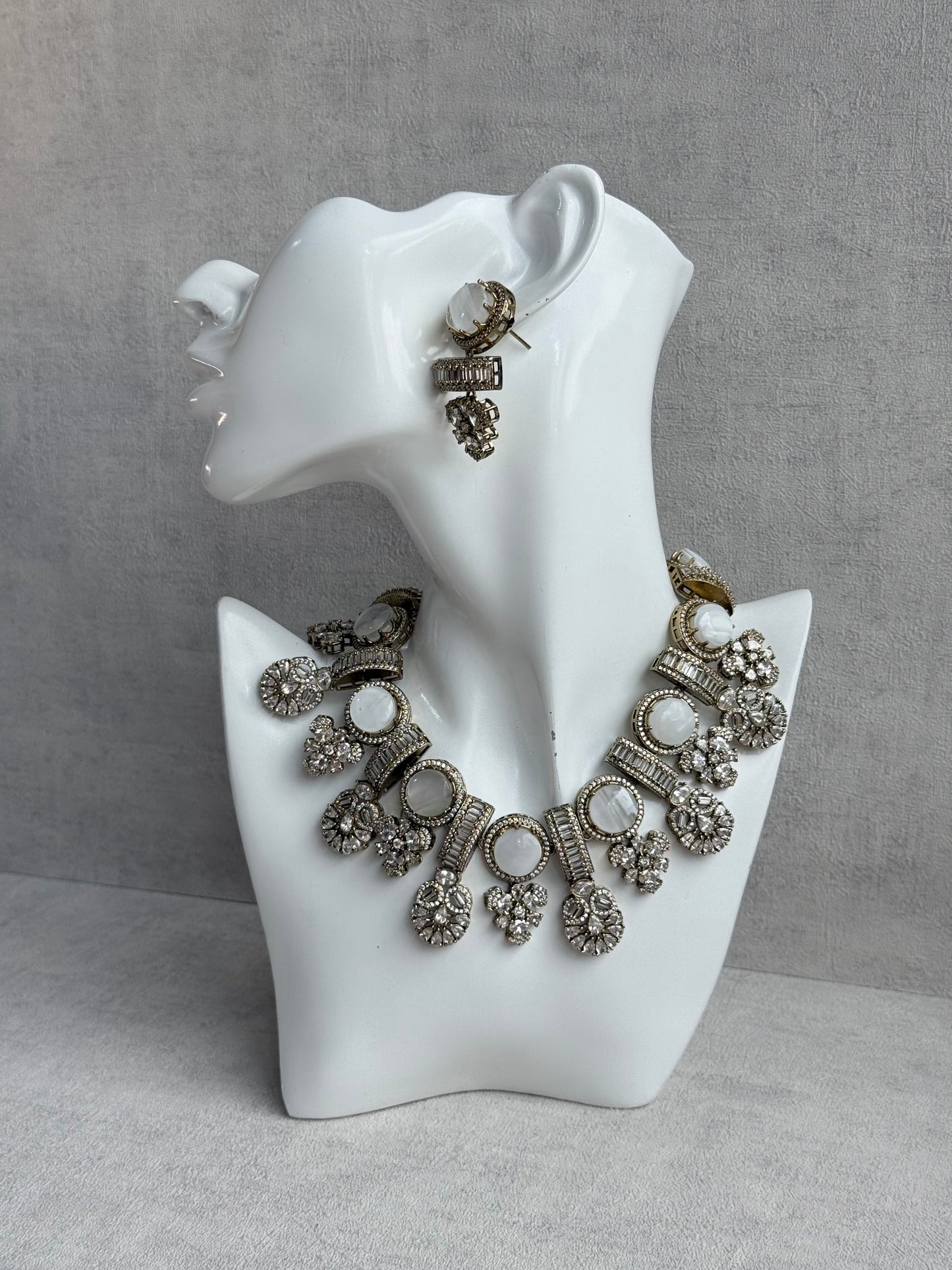 Ayura Designs Aabira Necklace Set with Earrings – White Marble Stones with Moissanite Style Detailing
