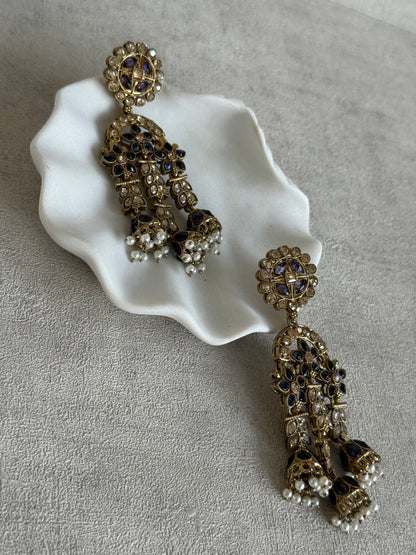 Ayura Designs Soraya Earrings – Ink Blue Stones, Champagne Crystals, Pearl Detailing & Gold Finish