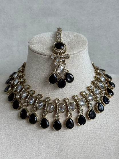 Ayura Designs Ava Necklace Set with Earrings & Tikka – Black Stone & Mirror-Cut Necklace Set in Antique Gold Finish