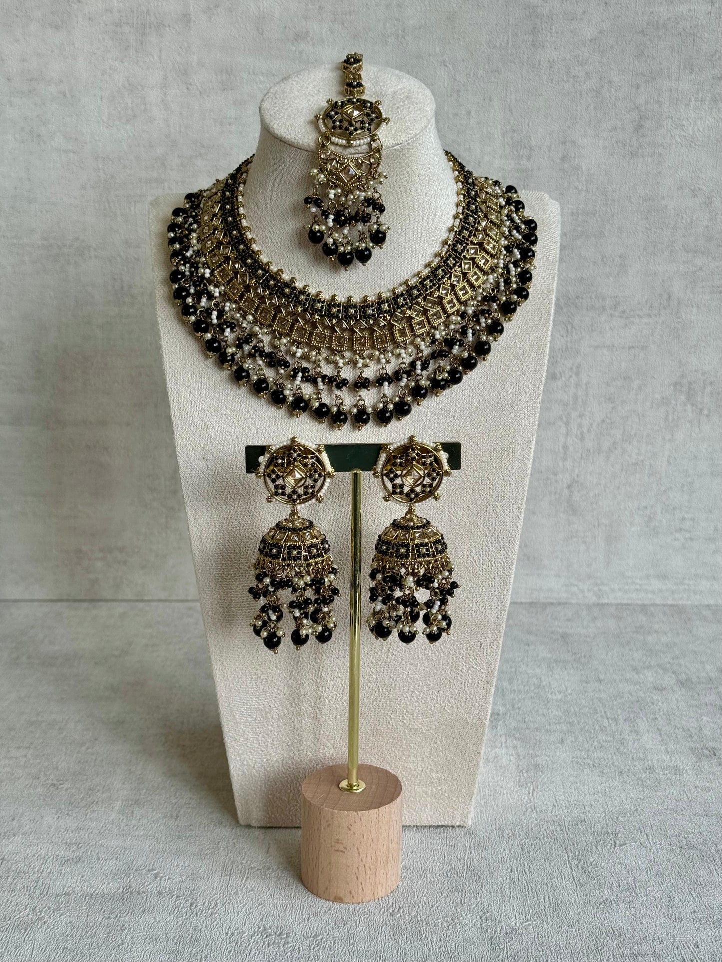 Ayura Designs Diya Set with Jhumkis & Tikka – in Midnight Blue, Antique Gold & Pearl Detailing