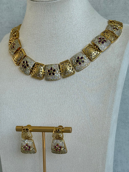 Ayura Designs Vibha Necklace & Stud Earrings Set – Gold Floral Statement Design with Ruby Pink & Crystal Detailing