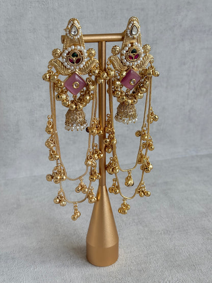 Ayura Designs Simal Earrings – Kashmiri Earrings with Pink Stone, Multicoloured Detailing, Layered Ghungroo Chains & Jhumkis