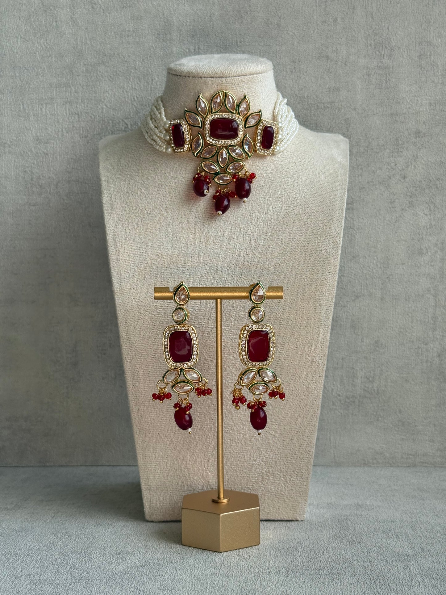 Ayura Designs Raaz Set with Necklace & Earrings – Ruby Red Stones, Kundan Detailing & Antique Gold Finish