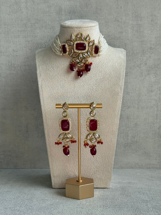 Ayura Designs Raaz Set with Necklace & Earrings – Ruby Red Stones, Kundan Detailing & Antique Gold Finish