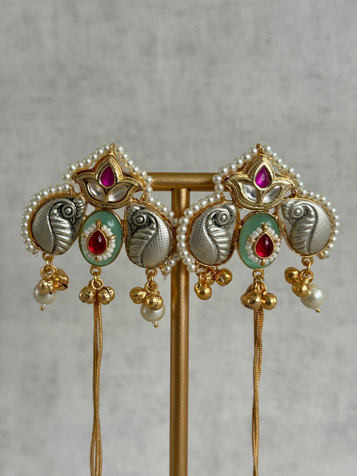 Ayura Designs Sozni Kashmiri Earrings – Kashmiri-Inspired Meenakari with Pistachio Green & Ruby Detailing