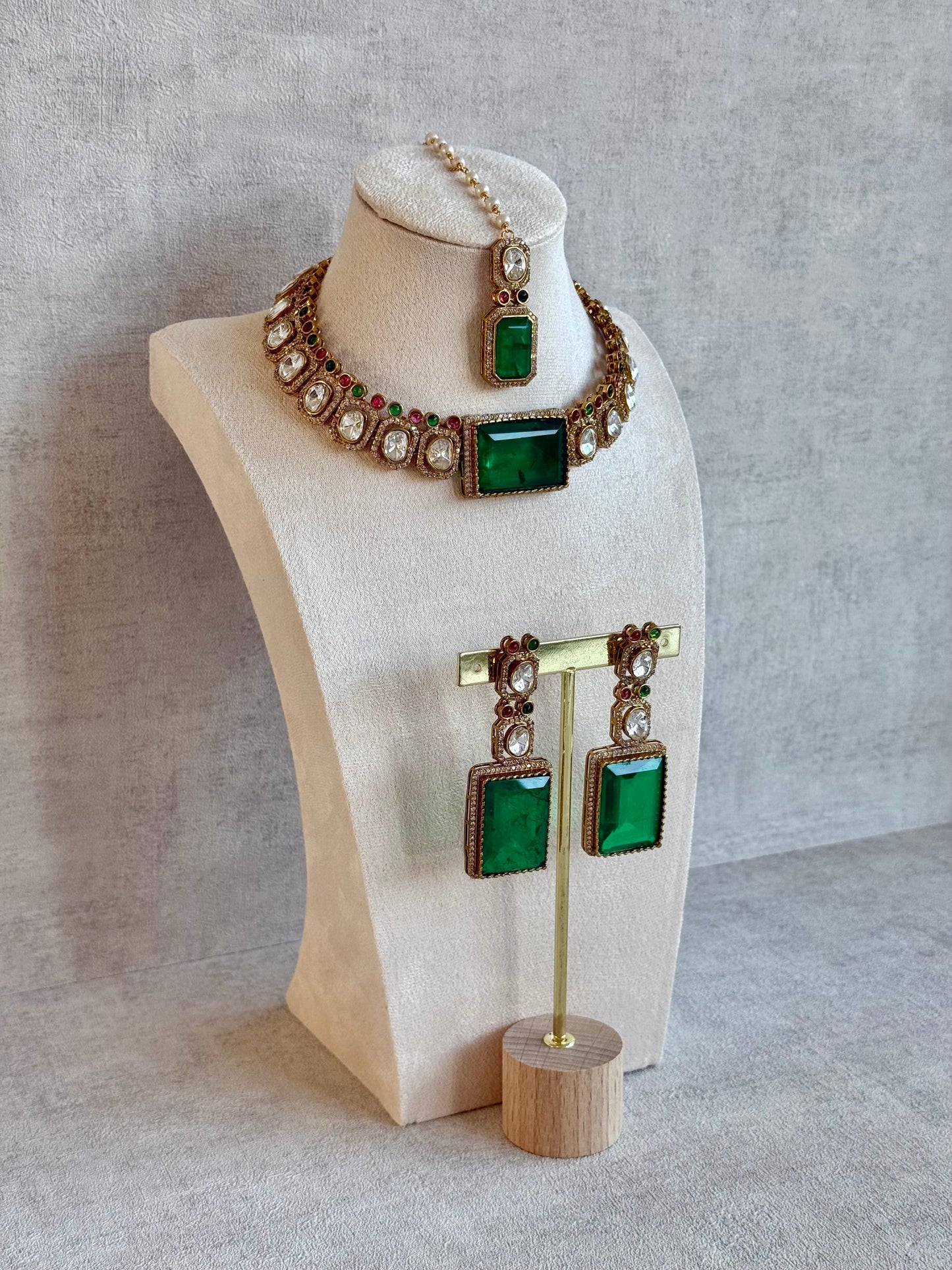 Ayura Designs Clara Set with Earrings & Tikka Emerald Green Moissanite Stones and Antique Gold Finish