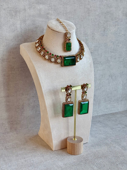 Ayura Designs Clara Set with Earrings & Tikka Emerald Green Moissanite Stones and Antique Gold Finish