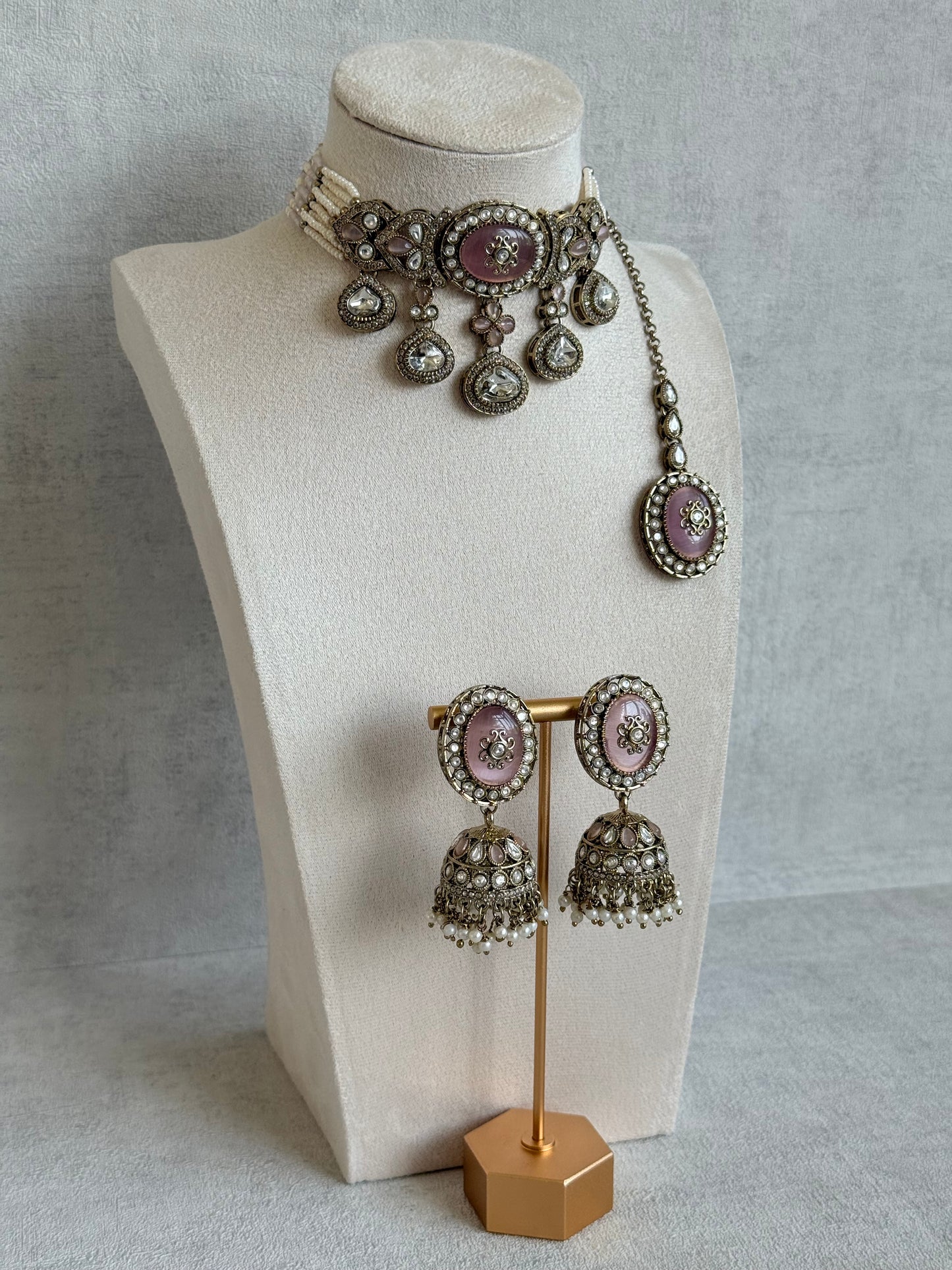Ayura Designs Myra Choker Set with Earrings & Tikka – Blush Pink Kundan & Pearl Detailing