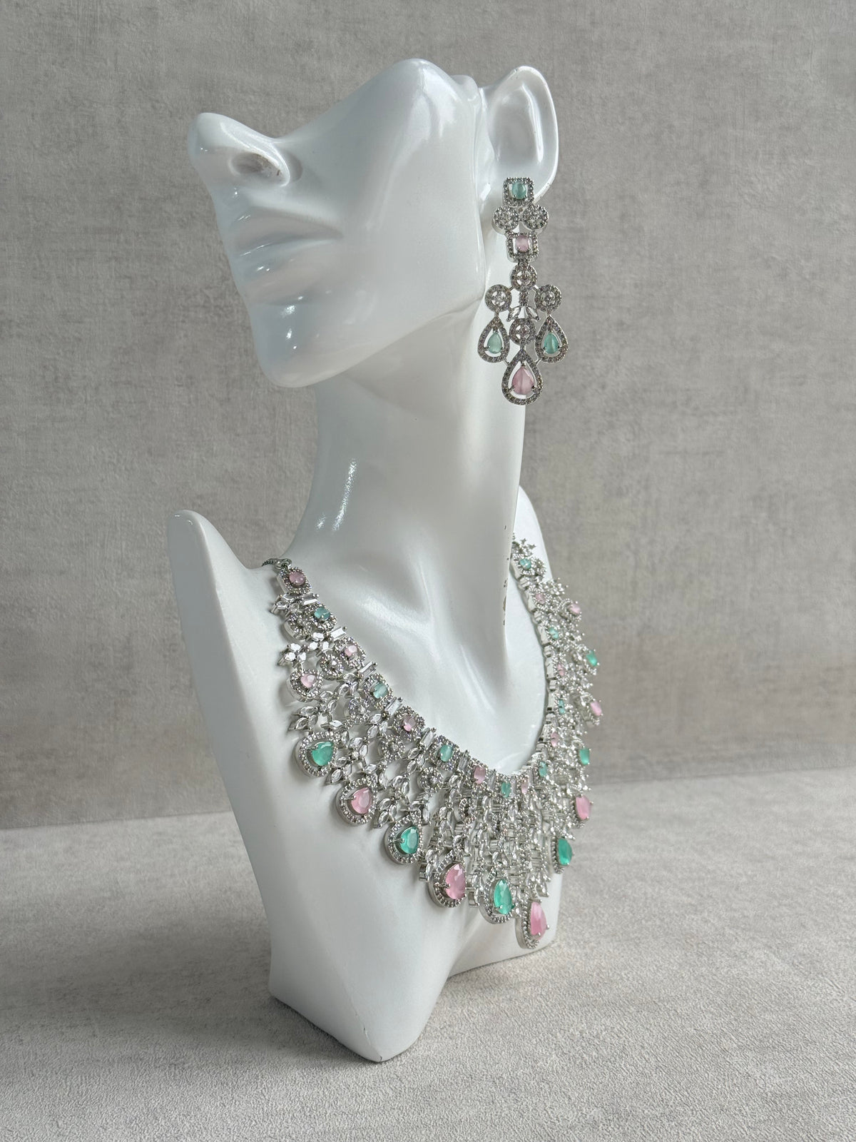 Ayura Designs Skye Necklace Set with Earrings – Blush Pink & Mint Green Stones with Crystal Detailing in Silver Finish