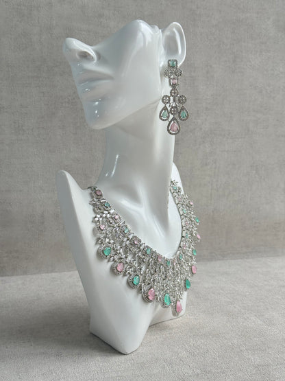 Ayura Designs Skye Necklace Set with Earrings – Blush Pink & Mint Green Stones with Crystal Detailing in Silver Finish