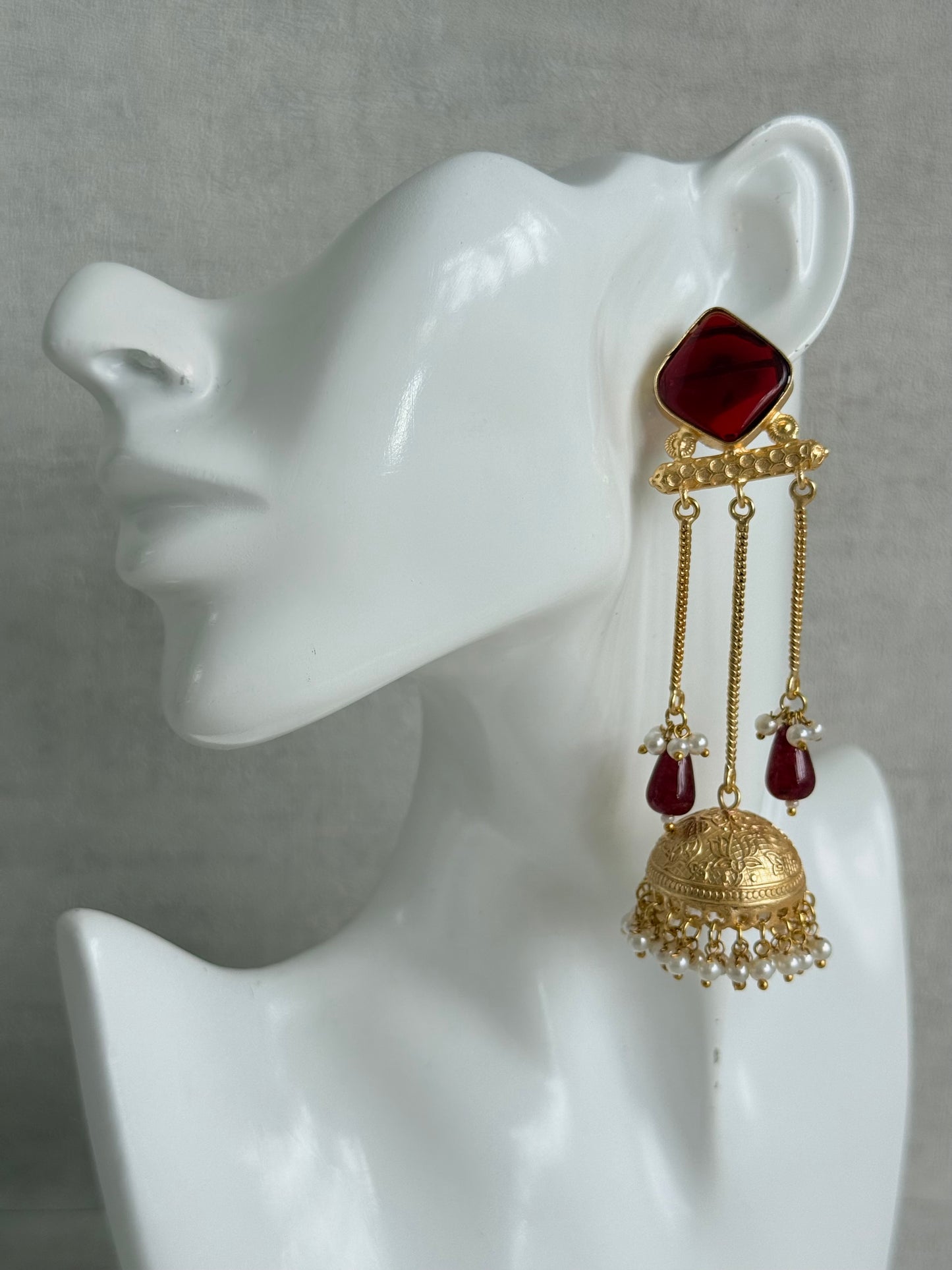 Ayura Designs Mahwina Jhumkis – Ruby Red Stones with Chain Drops & Pearl Detailing