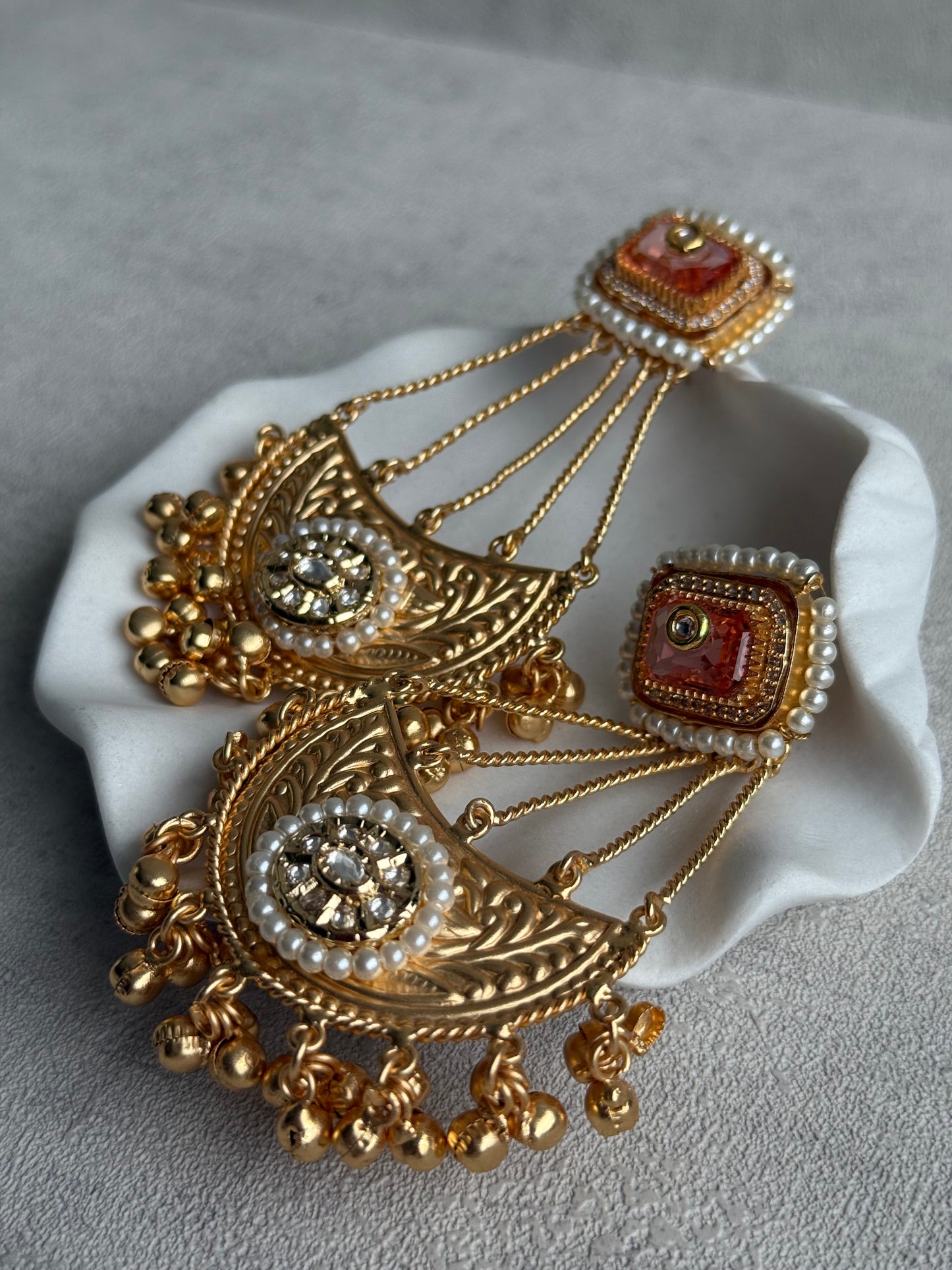 Ayura Designs Jheel Earrings – Amber Half-Moon Drops with Pearl Edging & Golden Ghungroos