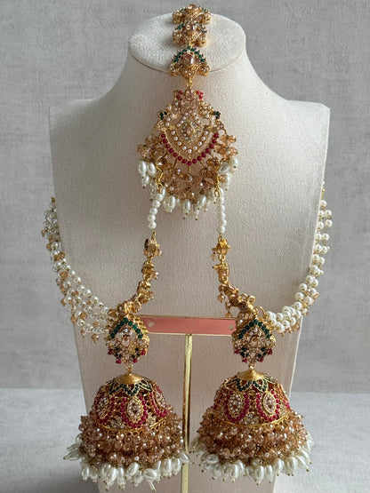 Ayura Designs Safia Tikka Set with Sahare Earrings – Champagne Crystals with Ruby & Emerald