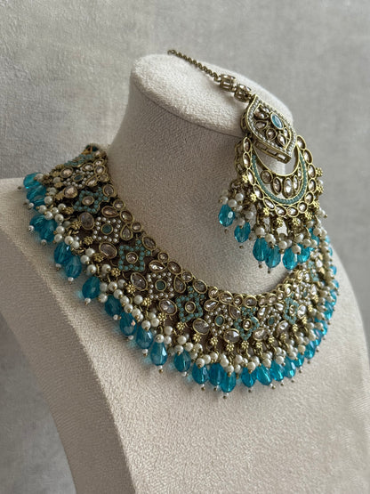 Ayura Designs Azka Set – Necklace, Earrings & Tikka with Turquoise Blue Beads, Ivory Pearls & Champagne Gold Finish