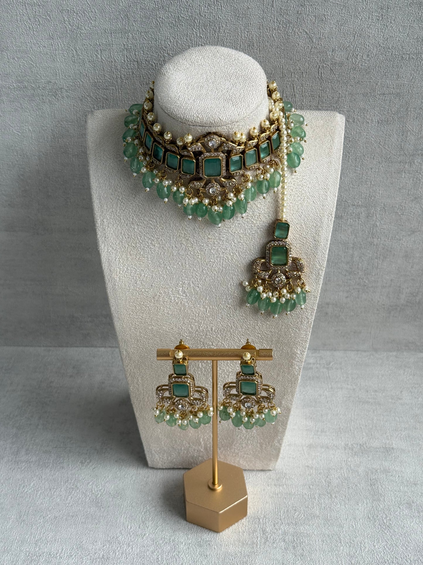 Ayura Designs Esme Set – Antique Gold Choker with Mint Green Stones, Pearls & Crystal Detailing