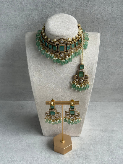 Ayura Designs Esme Set – Antique Gold Choker with Mint Green Stones, Pearls & Crystal Detailing