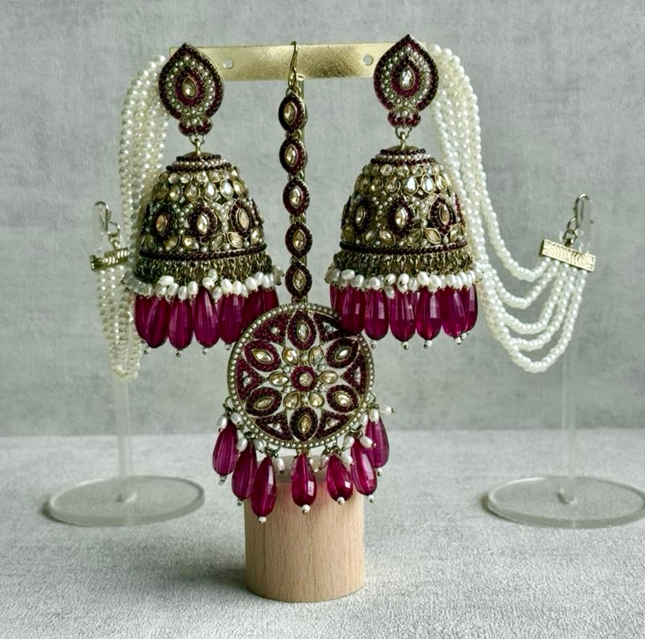 Ayura Designs Amrita Set – Jhumkis with Sahare & Tikka in Magenta, Pearls and Antique Gold Finish