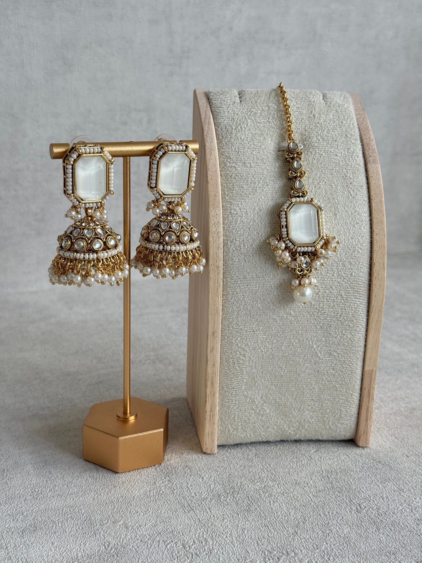 Ayura Designs Heena Tikka Set with Jhumkis – Ivory Stone, Kundan & Pearl Detailing