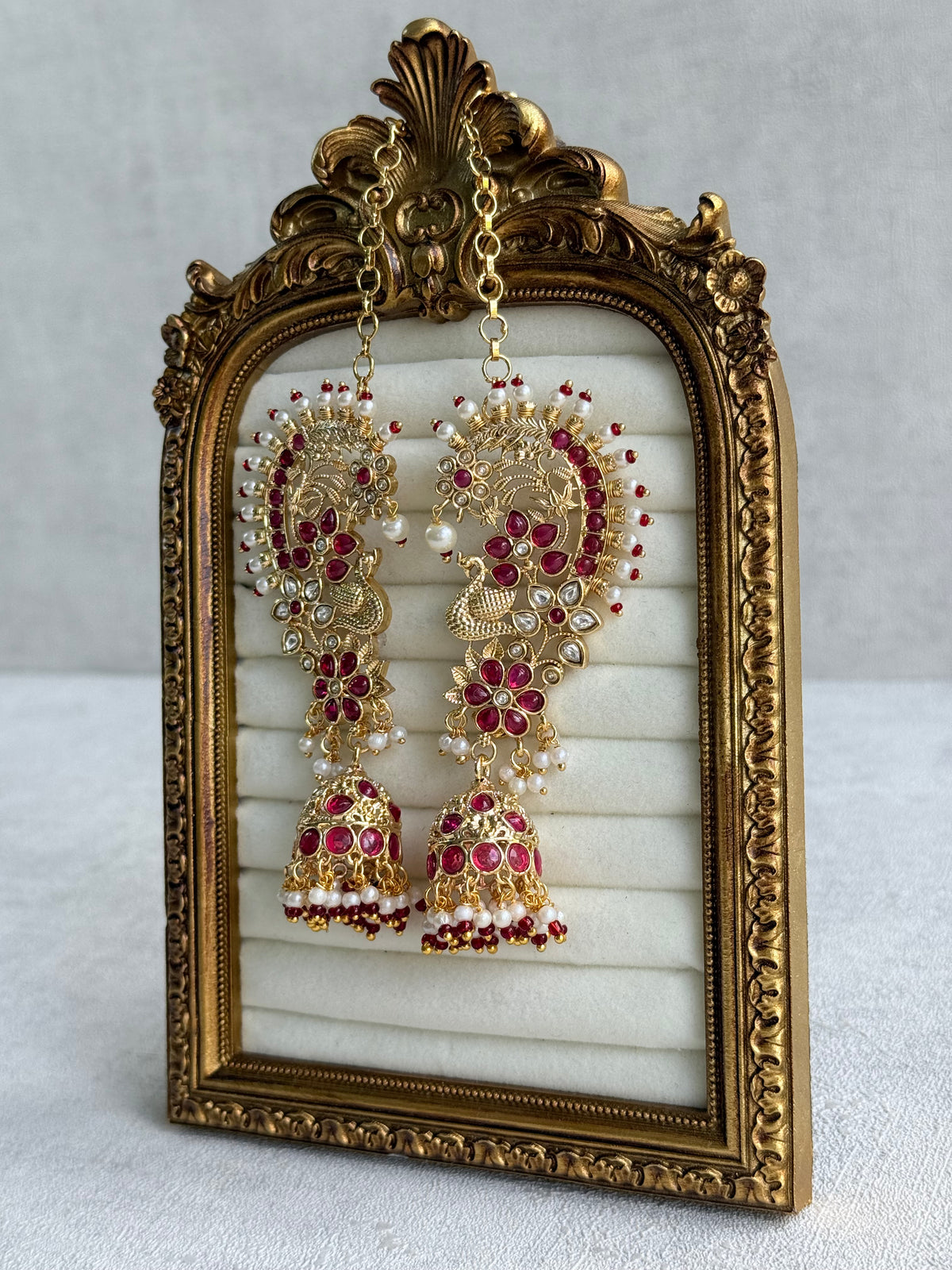 Ayura Designs Nitya Kaanphool Jhumkis – Gold Peacock Motifs, Pink Kundan & Pearl Drops with Attached Sahare
