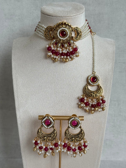 Ayura Designs Mehr Choker Set with Earrings & Tikka – Ruby Pink Stones, Ruby Pink Beads, Pearl Strands & Antique Gold Finish