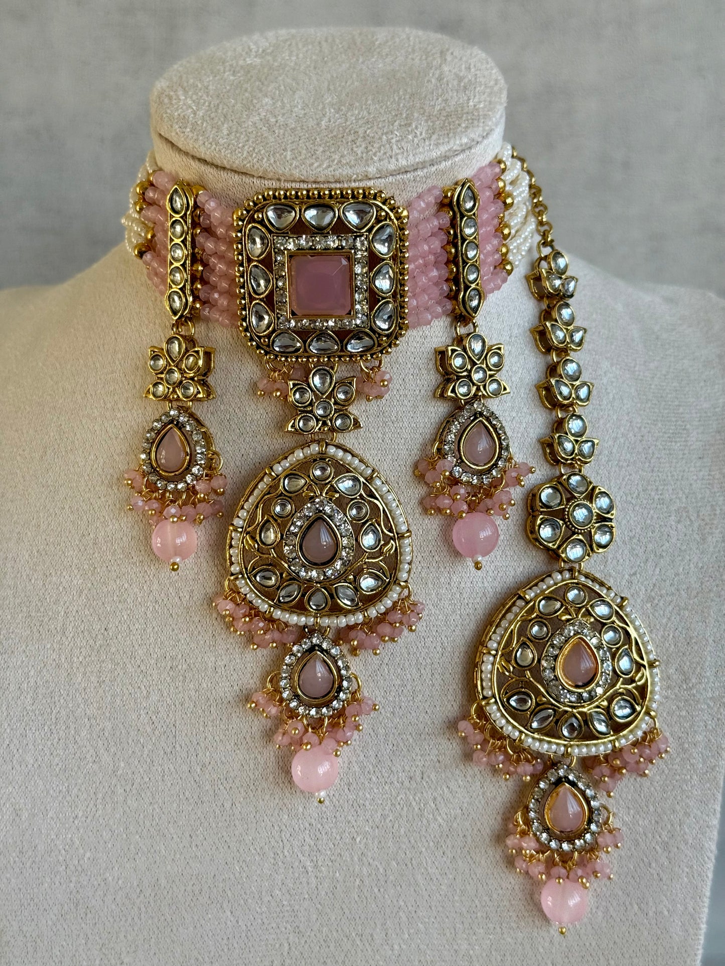 Ayura Designs Zarmeen Choker Set with Earrings & Tikka – Mirror-Cut Stones, Antique Gold Finish and Blush Pink Beads