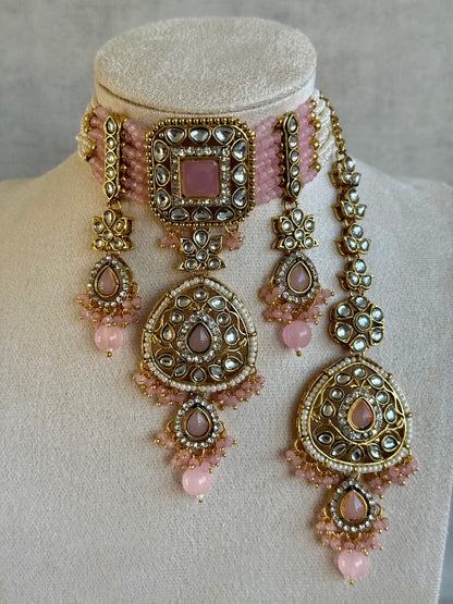 Ayura Designs Zarmeen Choker Set with Earrings & Tikka – Mirror-Cut Stones, Antique Gold Finish and Blush Pink Beads