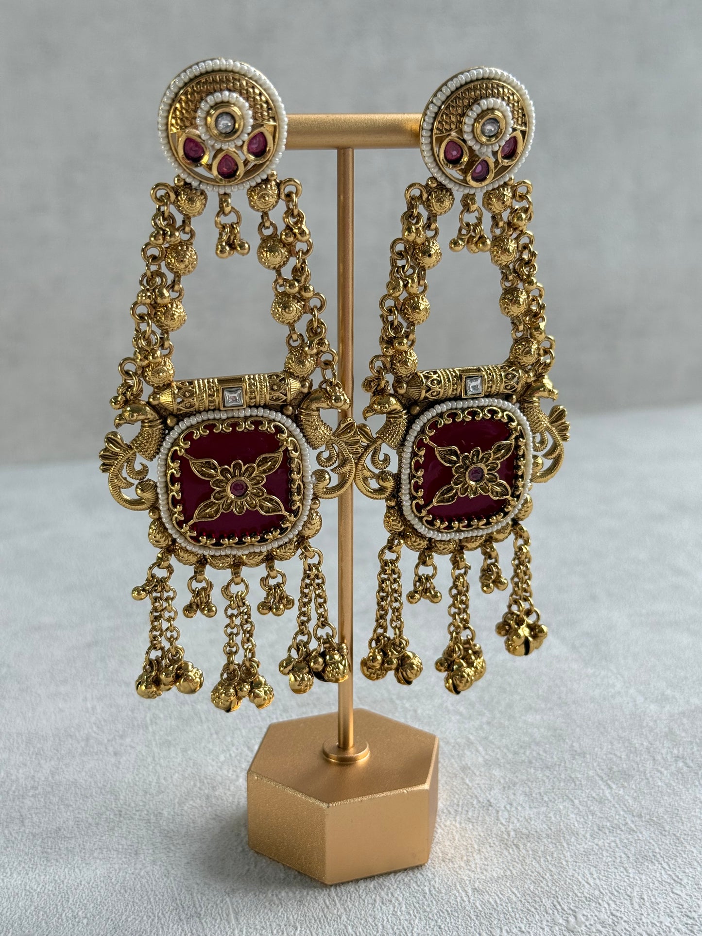 Ayura Designs Hazar Earrings – Gold Peacock Design with Ruby Red Enamel, Pearl Beading & Ghungroo Detailing