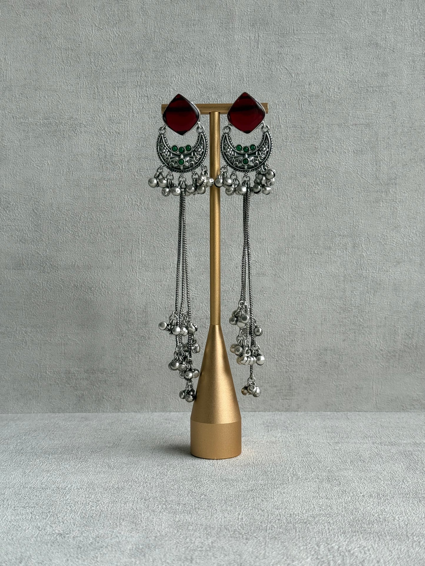 Ayura Designs Zarfa Earrings – Oxidised Earrings with Ruby Red Stones, Hanging Ghungroo Chains & Crescent Detailing