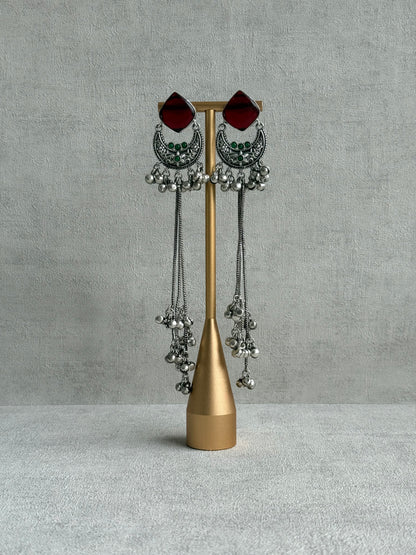 Ayura Designs Zarfa Earrings – Oxidised Earrings with Ruby Red Stones, Hanging Ghungroo Chains & Crescent Detailing