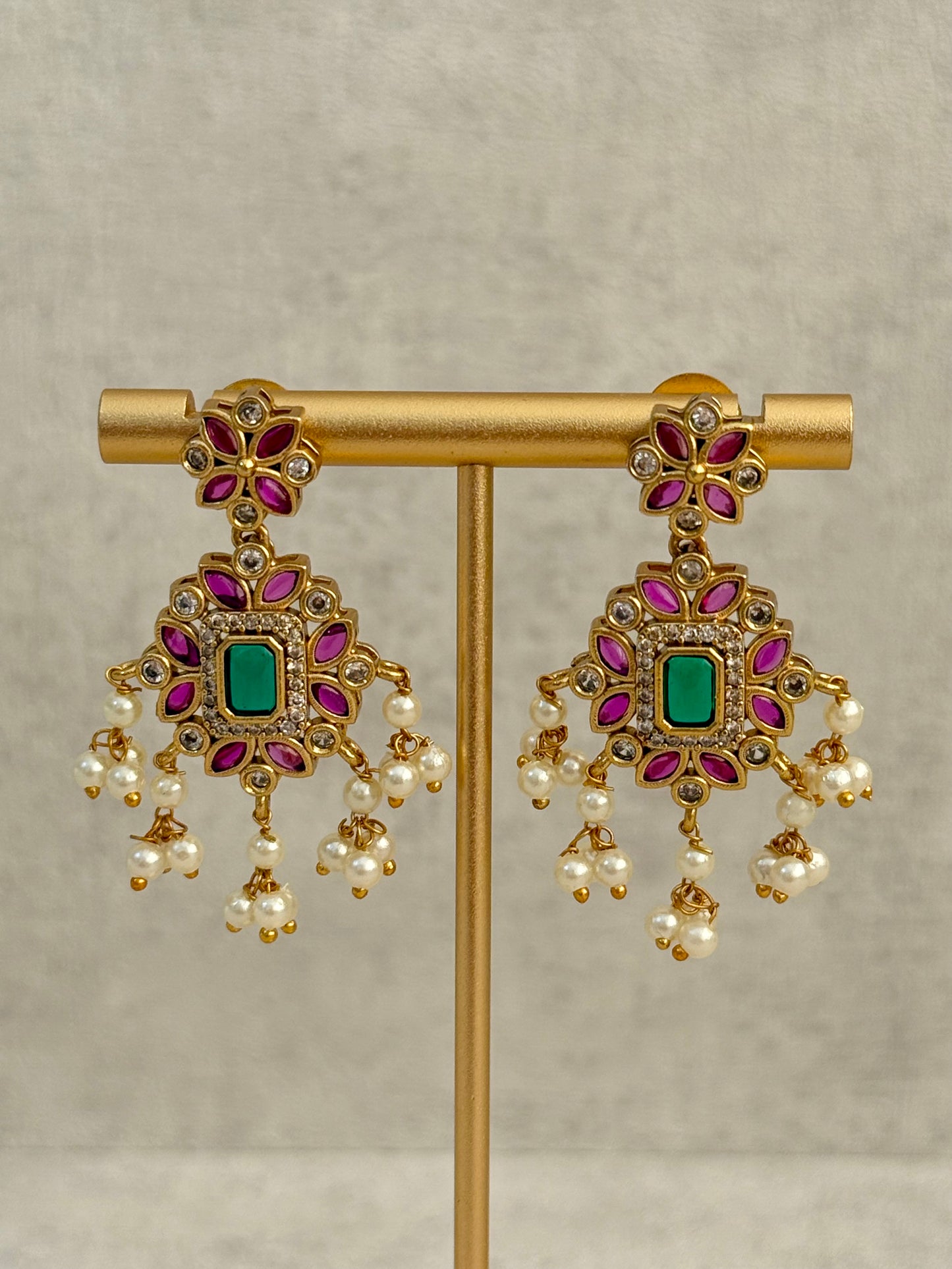 Ayura Designs Chahat Set – Necklace & Earrings with Rani Pink Meenakari, Kundan Stones, Emerald Accents & Pearl Detailing