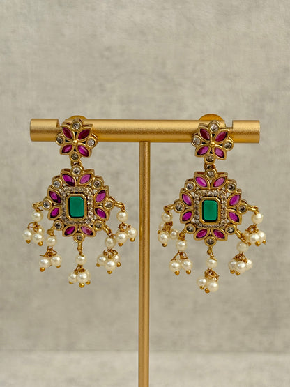 Ayura Designs Chahat Set – Necklace & Earrings with Rani Pink Meenakari, Kundan Stones, Emerald Accents & Pearl Detailing