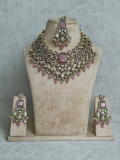 Ayura Designs Gulrukh Bridal Set with Necklace, Jhumkis & Tikka – Jadau Kundan Craftsmanship with Mirror-Cut Polki, Blush Rose Stones & Antique Gold Finish