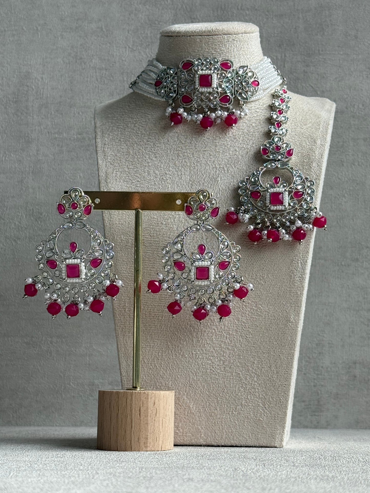 Ayura Designs Geet Set – Choker, Earrings & Tikka with Fuchsia Stones, Pearls & Silver Finish