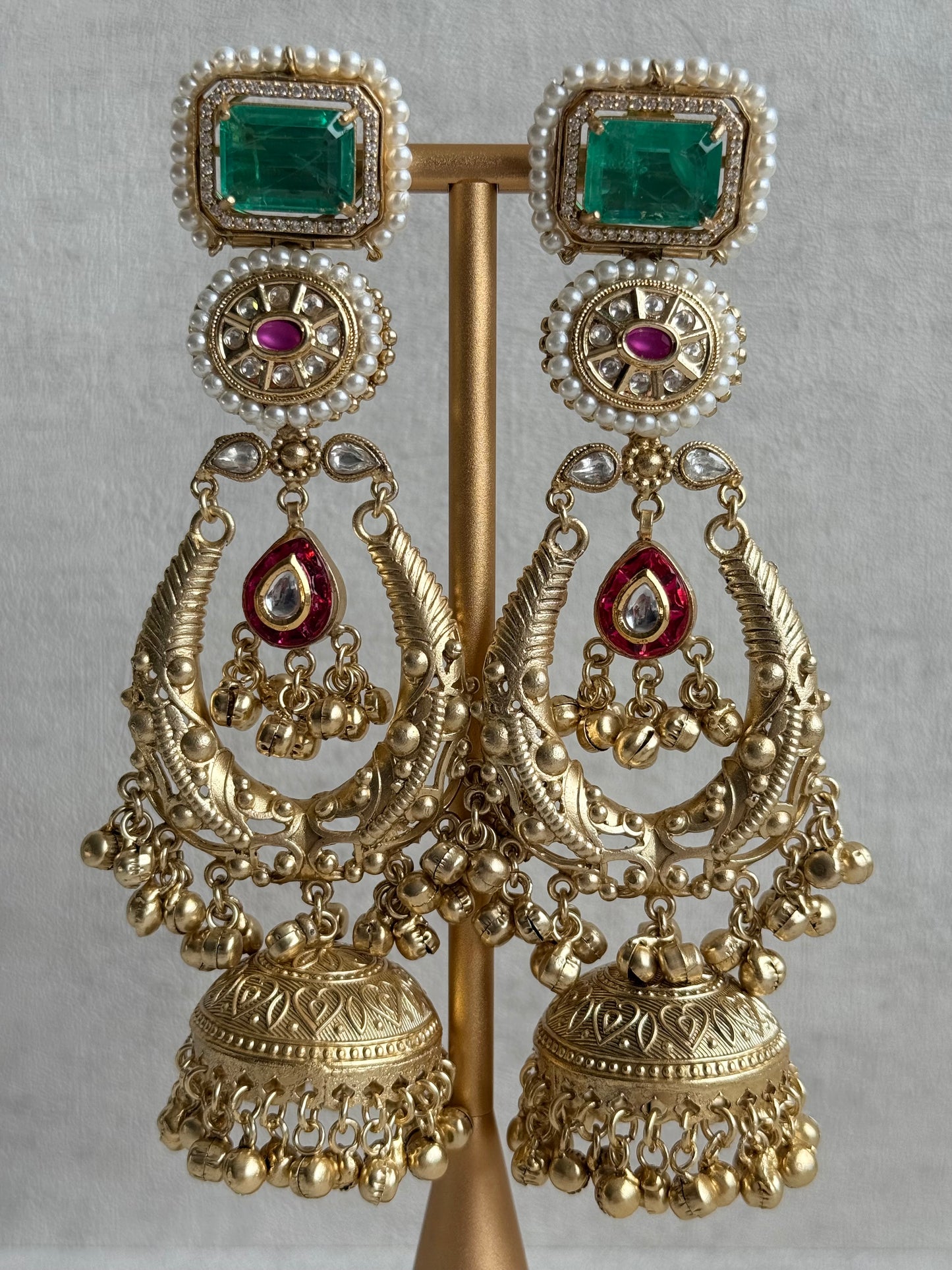 Ayura Designs Zirwa Earrings – Statement Jhumkis with Jade Green Stones, Ruby Accents, Pearl Borders & Ghungroos