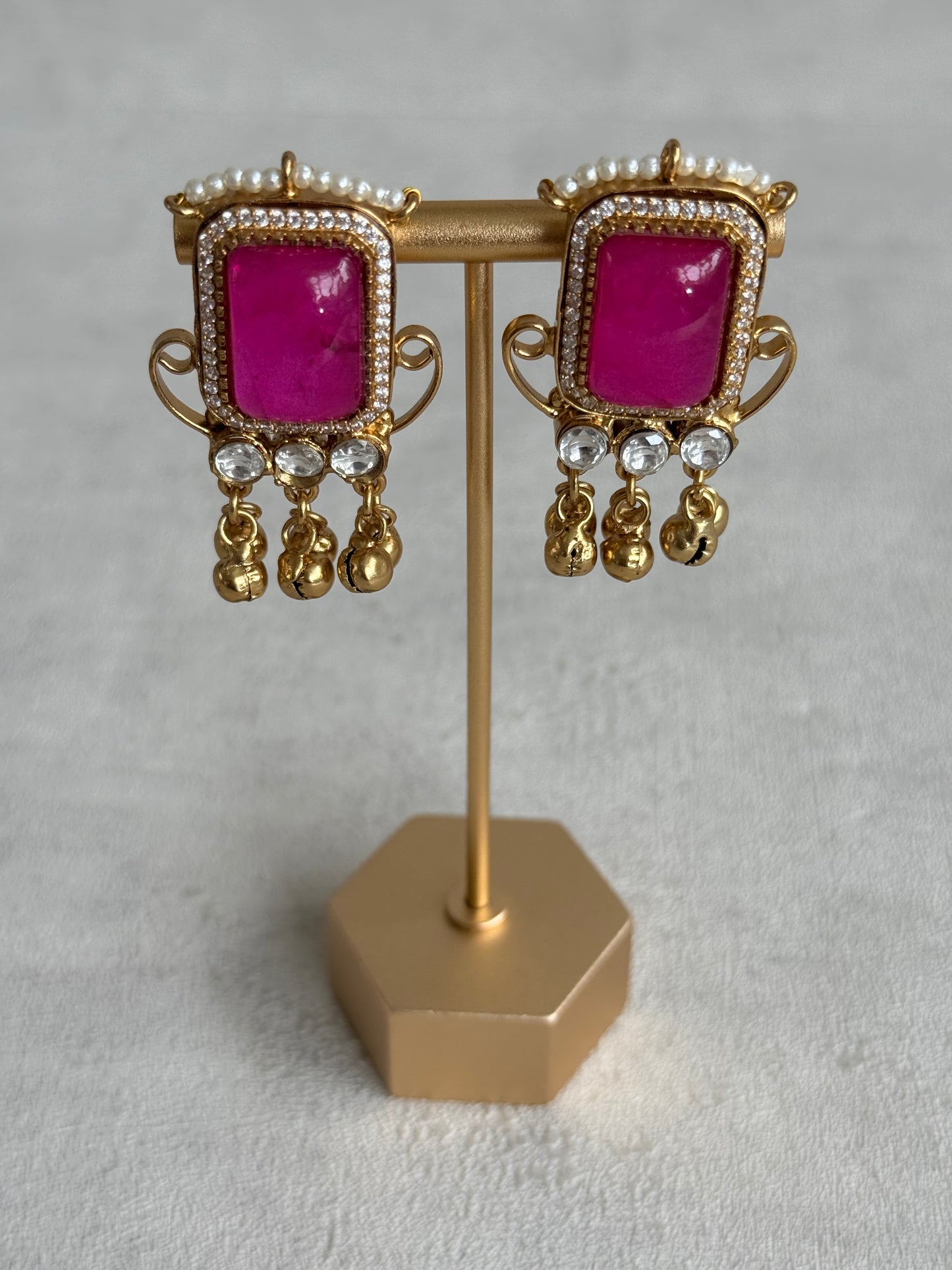 Ayura Designs Aleena Earrings – Rani Pink Stone Stud Earrings with Pearls & Ghungroo Detailing