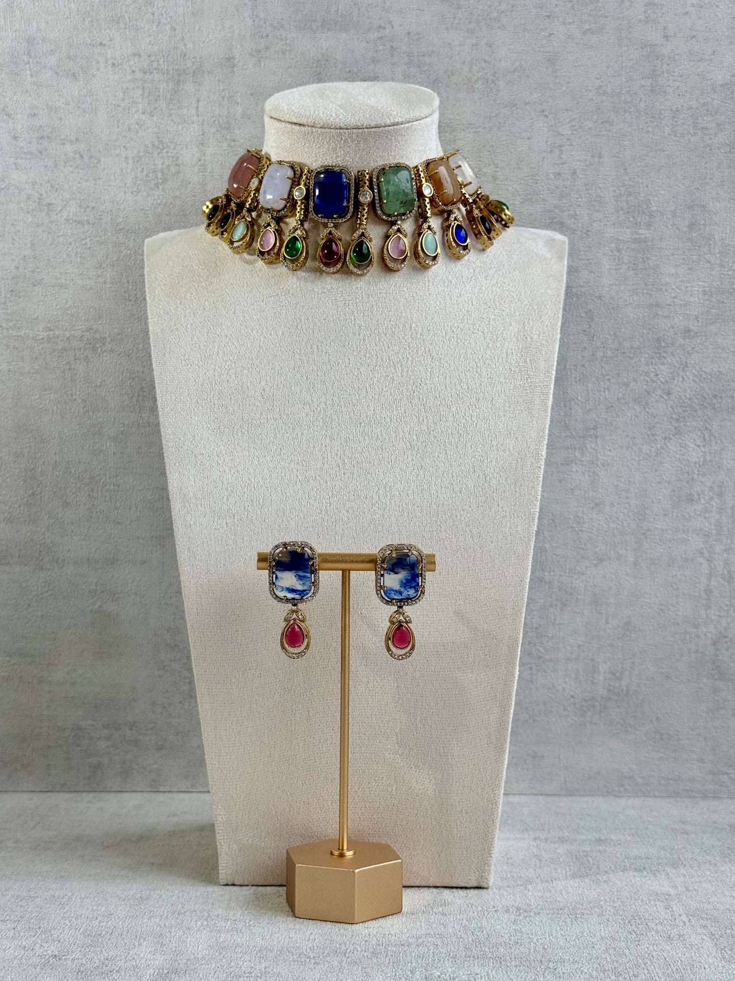 Ayura Designs Adelaide Necklace Set with Earrings – Multicolour Moissanite with Blue Stone Drop Earrings