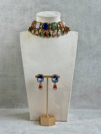 Ayura Designs Adelaide Necklace Set with Earrings – Multicolour Moissanite with Blue Stone Drop Earrings